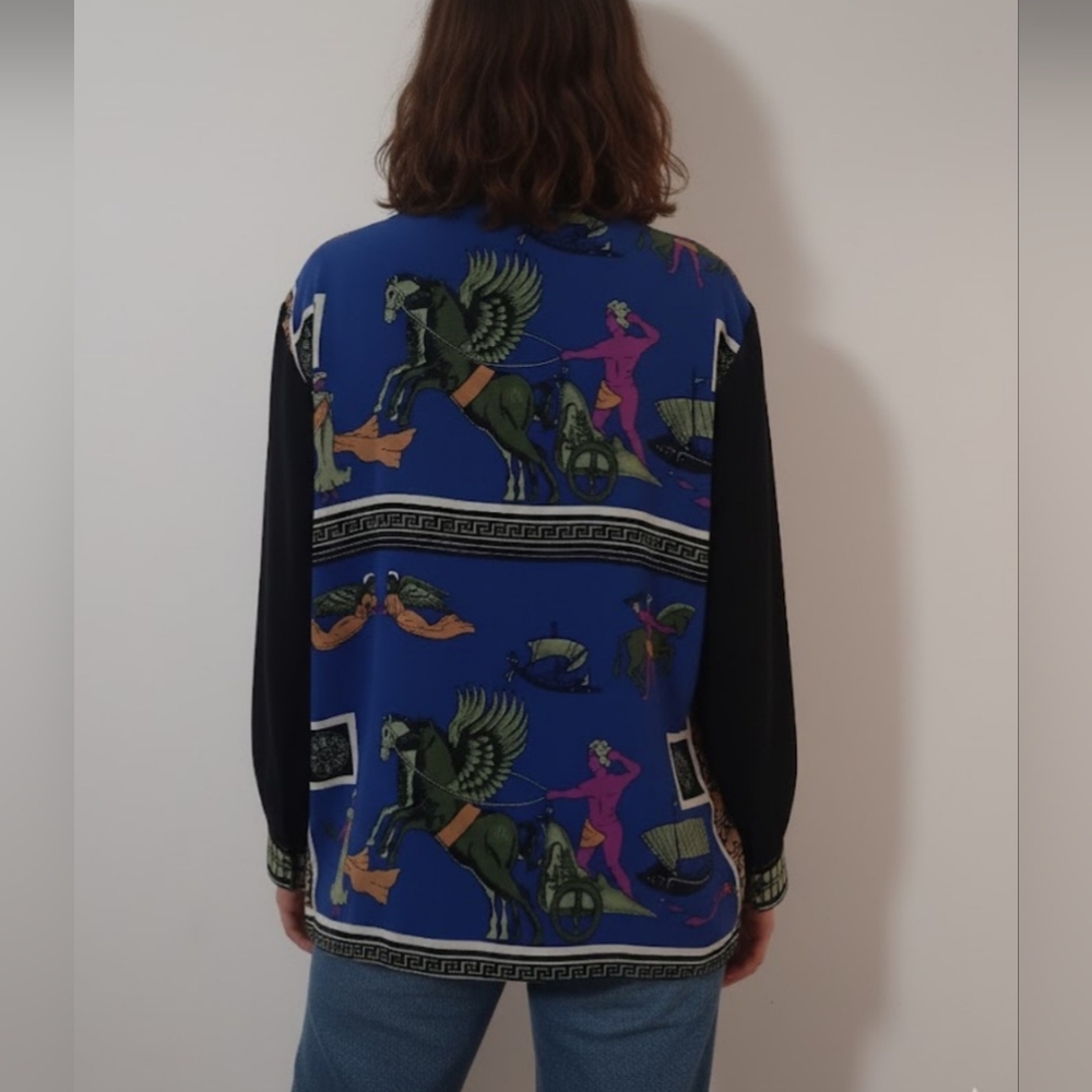 Vintage Shou Hou Greek Mythology  Print Black Long Sleeve Button Down Blouse